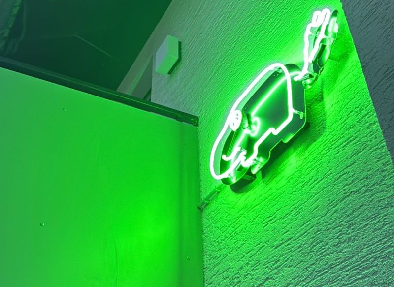 Grün leuchtendes Neon-Schild des Logos von Hippo Energy